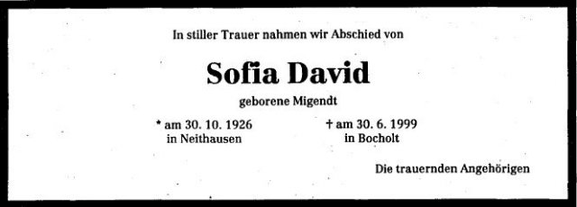 Migendt Sofia 1926-1999 Todesanzeige